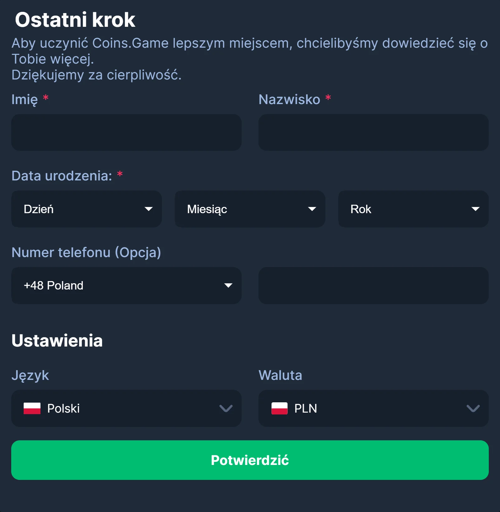 CoinsGame Casino Rejestracja 3 krok