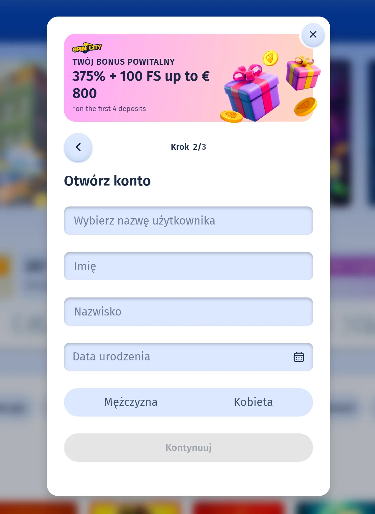 Spin City Rejestracja 3 krok