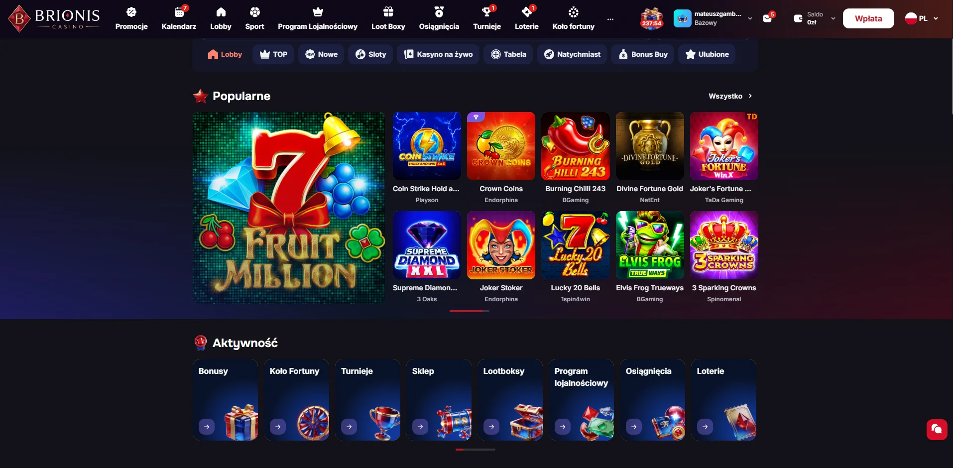 Brionis Casino main page