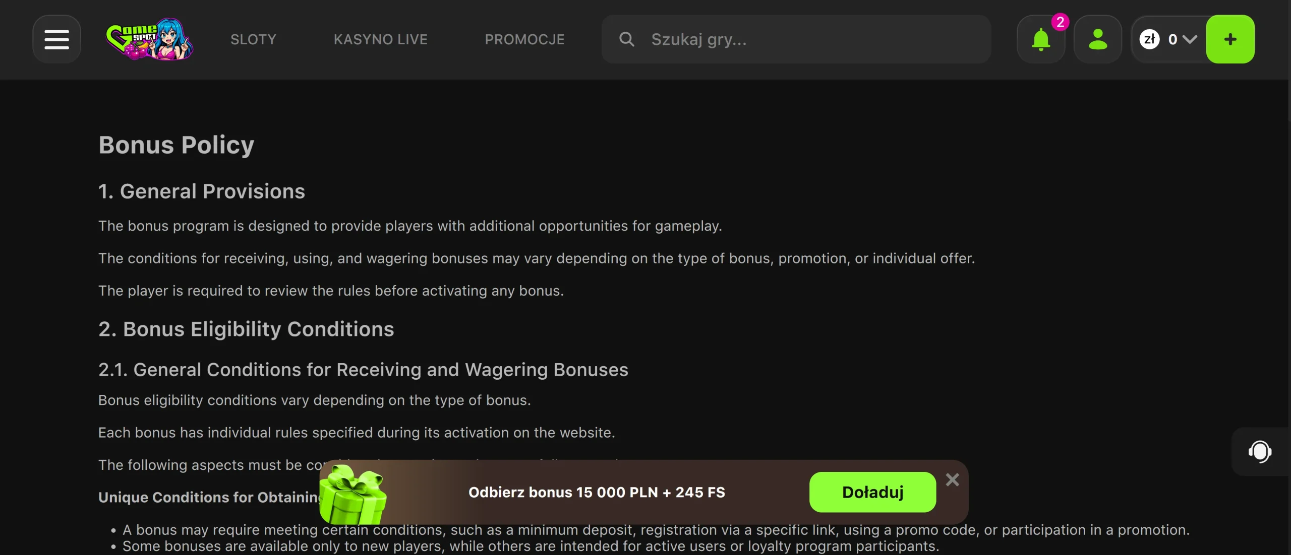 Regulamin kasyna GameSpot Casino