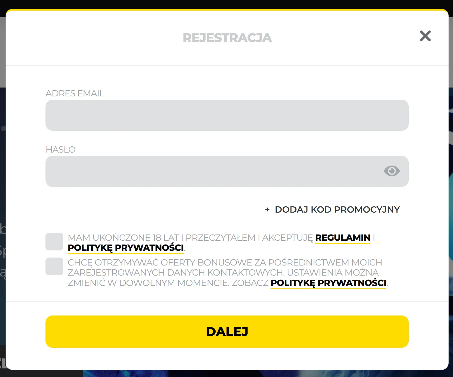 Energy Casino Rejestracja krok 1