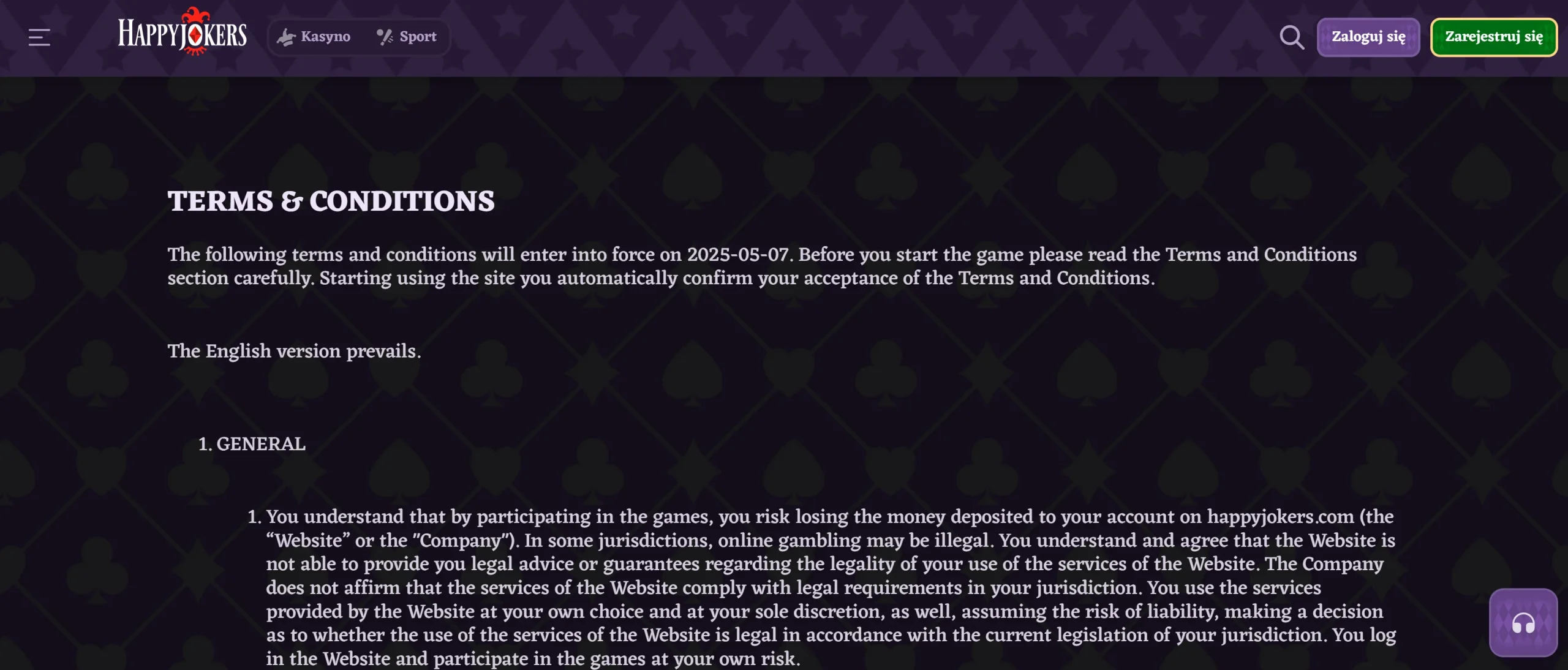 Regulamin Happy Jokers Casino