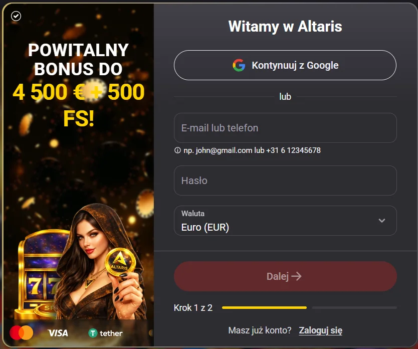 Altaris Casino rejestracja
