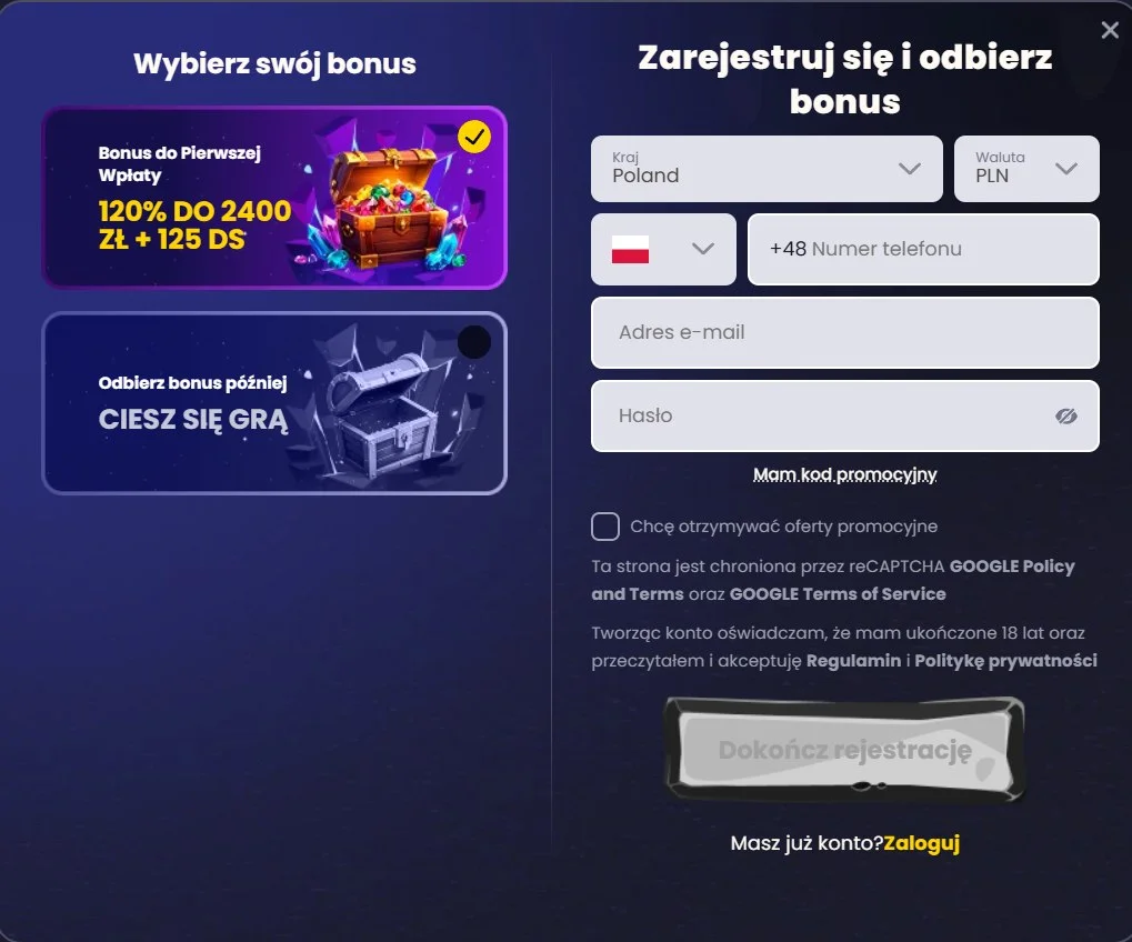 Jak otrzymać bonus bez depozytu SlotGem. Krok 2