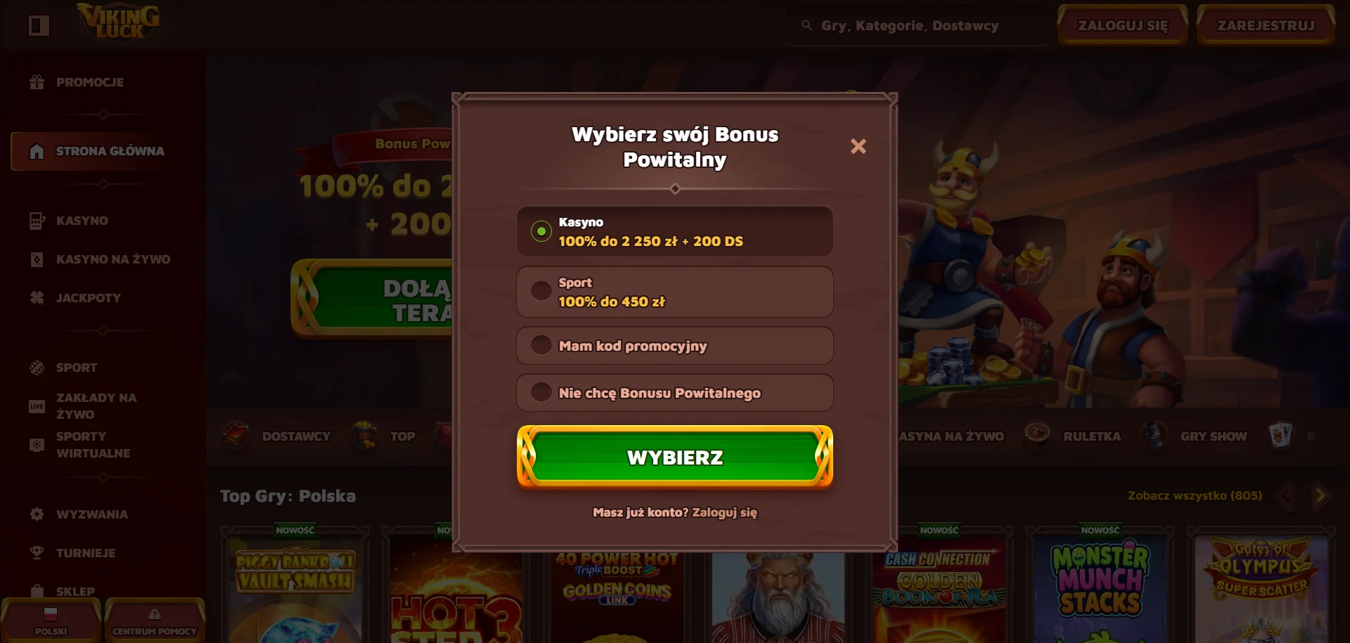 Jak otrzymać bonus bez depozytu VikingLuck. Krok 1
