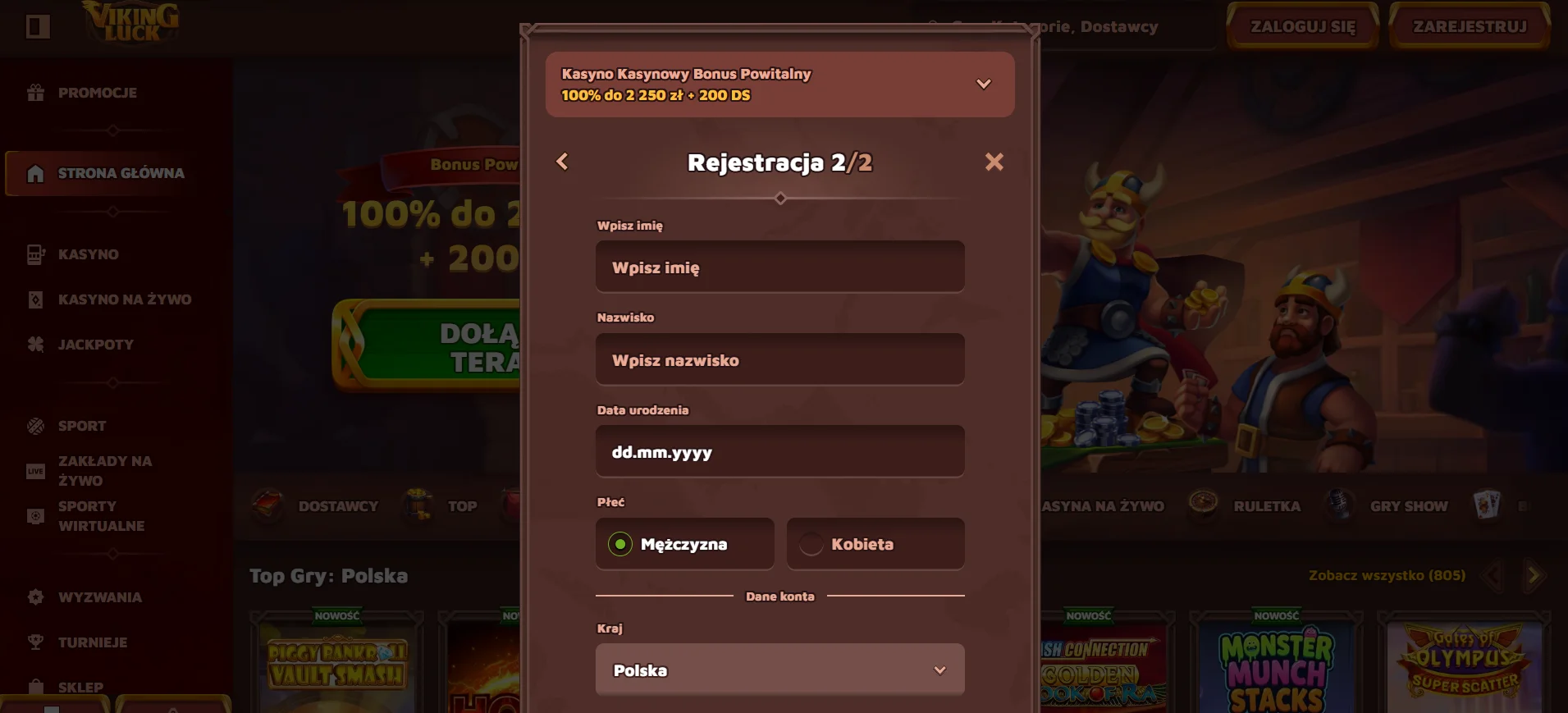Jak otrzymać bonus bez depozytu VikingLuck. Krok 3