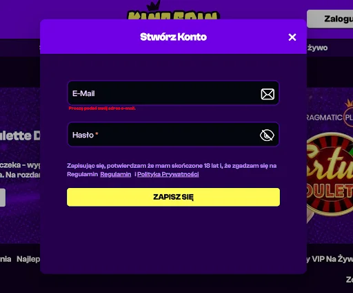 KingSpin casino rejestracja krok 2