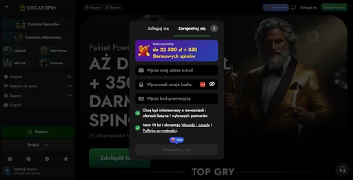 Oscarspin rejestracja krok 1