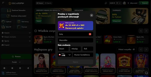 Oscarspin rejestracja krok 2