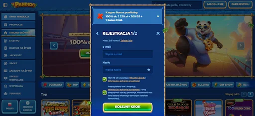Pandido bonus bez depozytu krok 2