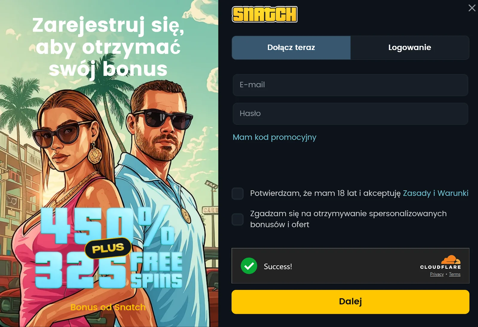 Snatch Casino rejestracja krok 2