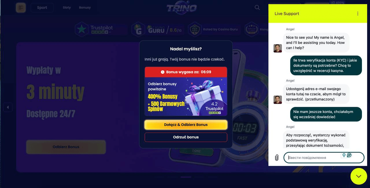 Trino casino obsluga klienta