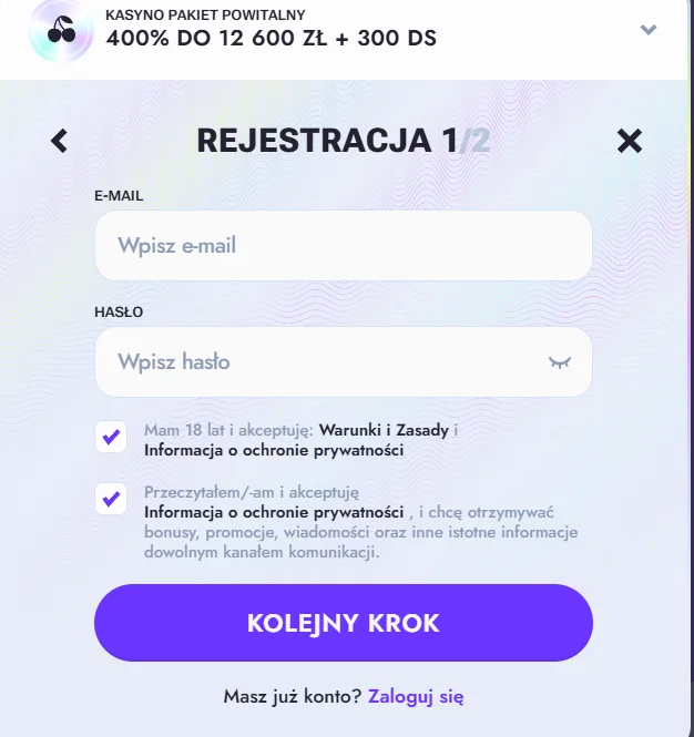 Vipsta Casino logowanie krok 3