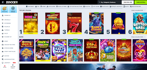 Zoccer Casino main page screen