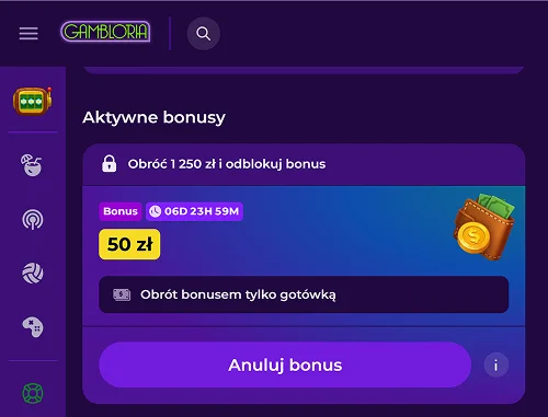 aktywny bonus w profilu gambloria casino