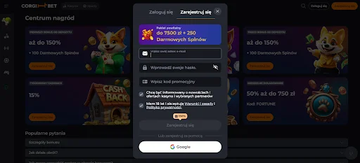 corgibet bonus bez depozytu krok 2