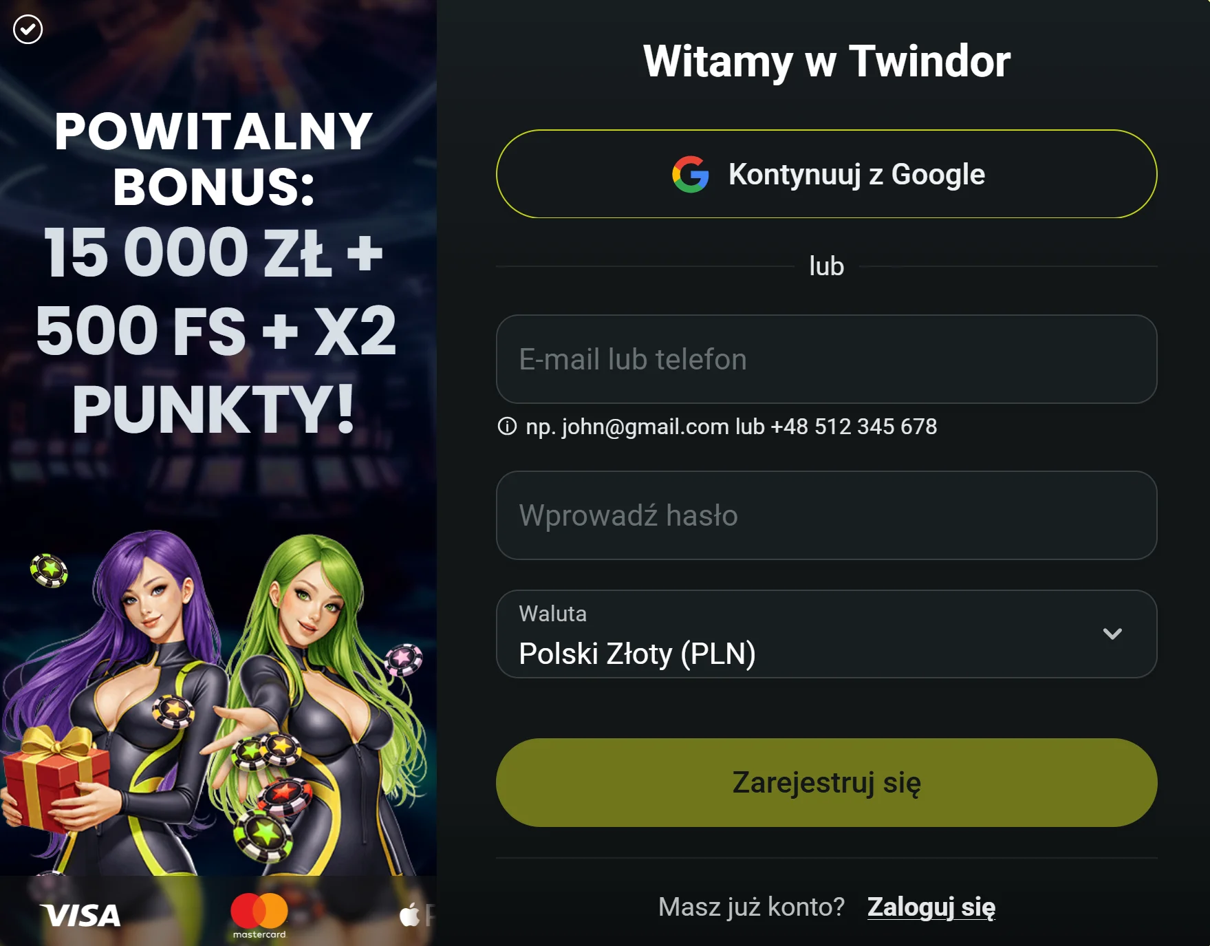 Jak otrzymać bonus bez depozytu Twindor Casino? Krok 2