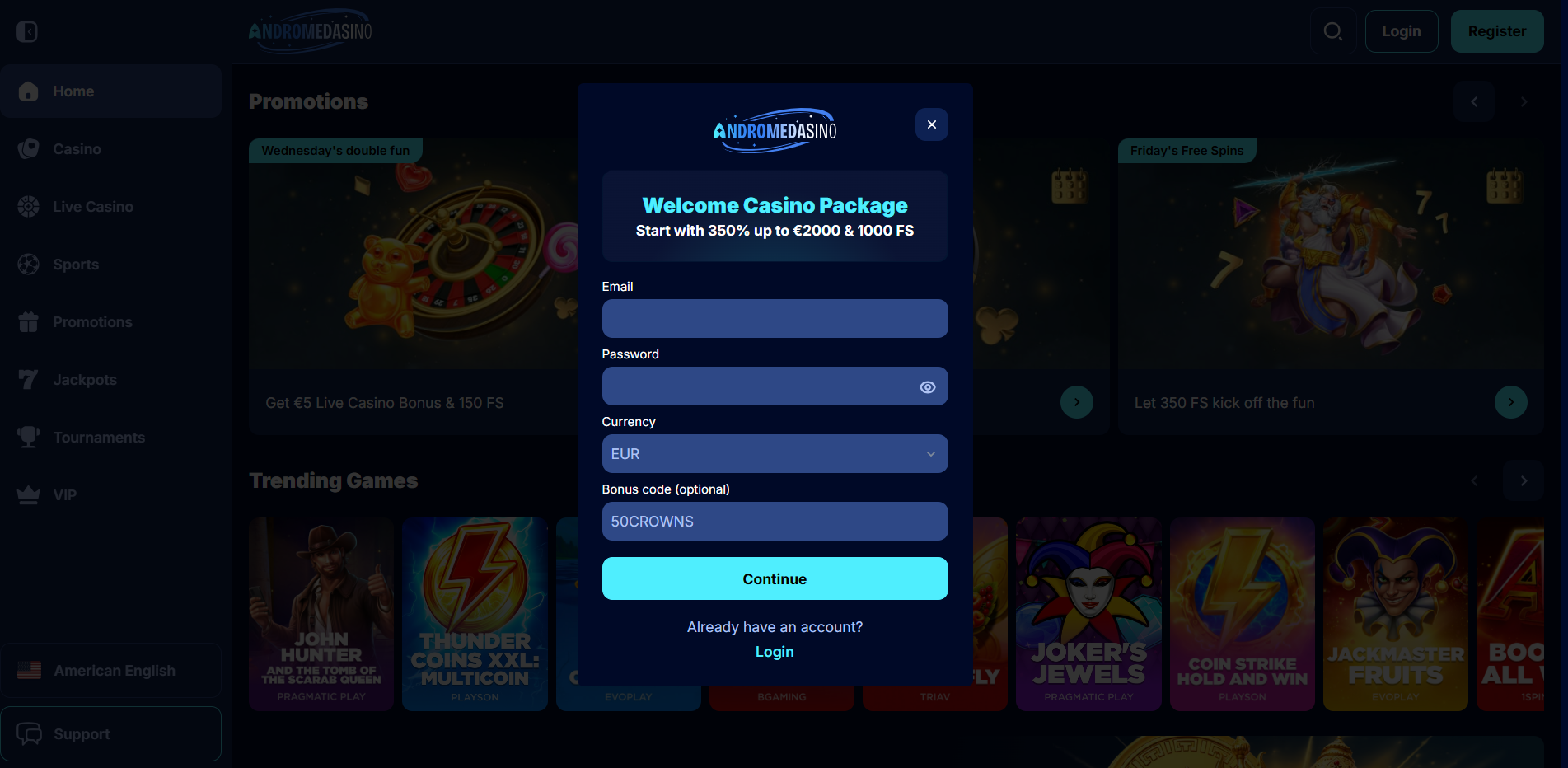 kod promocyjny andromeda casino krok 1