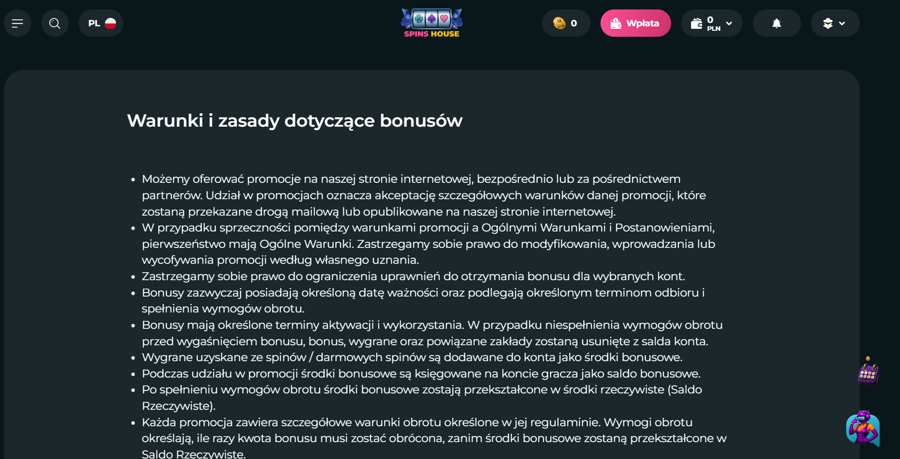regulamin bonusu spinshouse casino