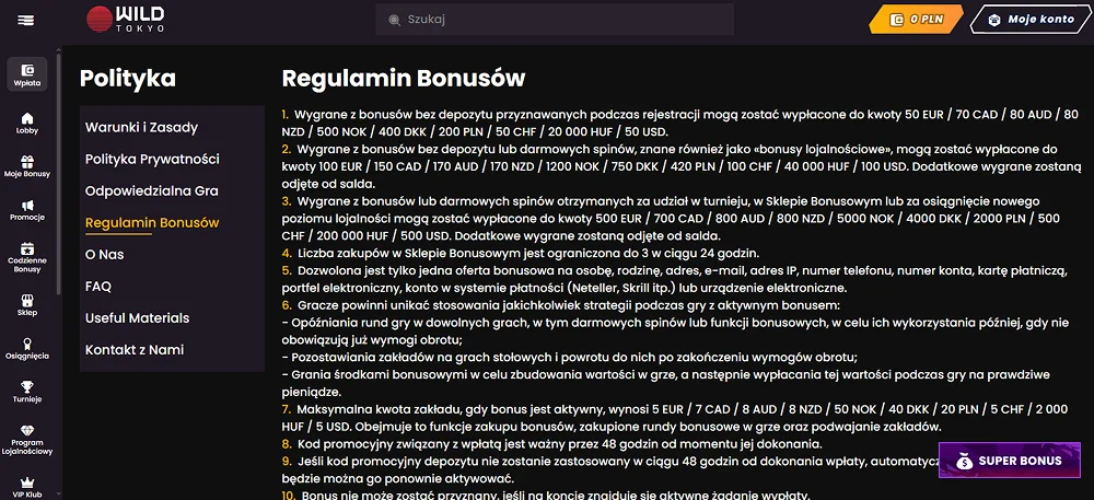 regulamin wild tokyo casino